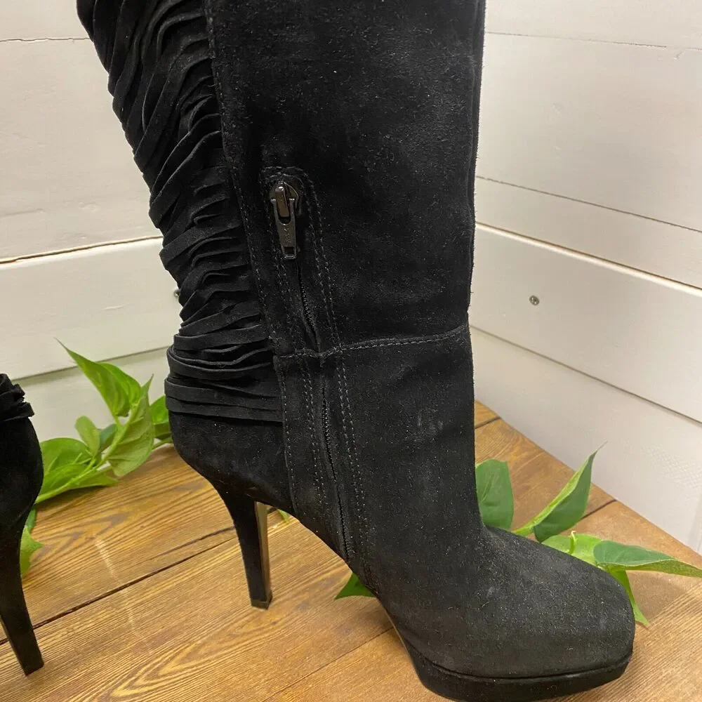 Nine West Over The Knee BLACK SUEDE Leather Fringe Stiletto Heels Boots 7 1/2